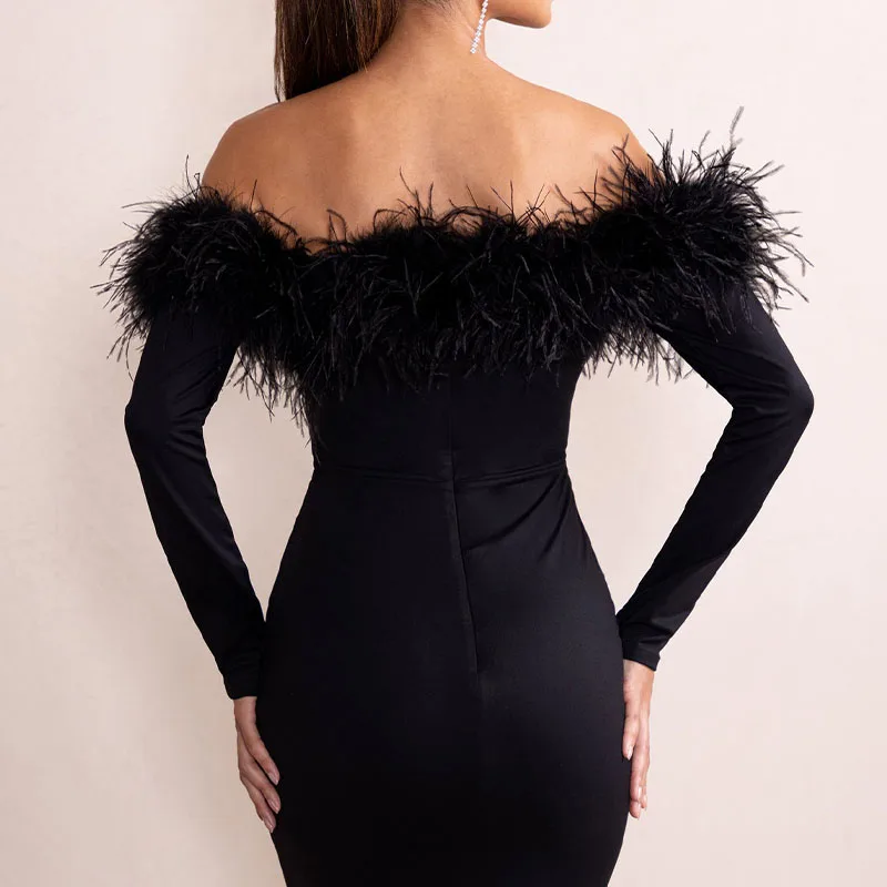 Plunge Neck Bardot Feather Trim Detail With Black Backless Off Shoulder Premium For Women Evening Long Sleeve Sexy Mini Dress