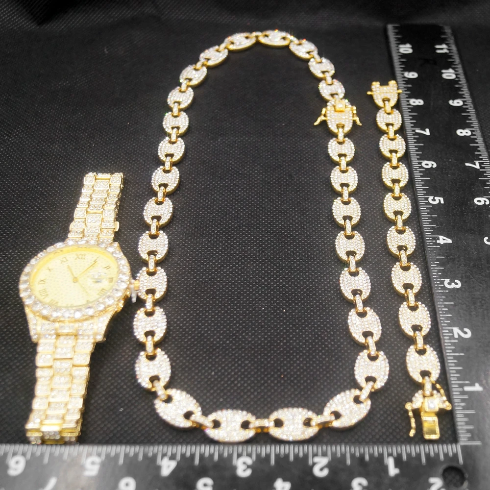 Zhuerrui 24k Gold Plated Dubai Chain Design Jewelry Set Fashion Body Chain Necklace Bracelet Watch Stainless Steel  HW21100149