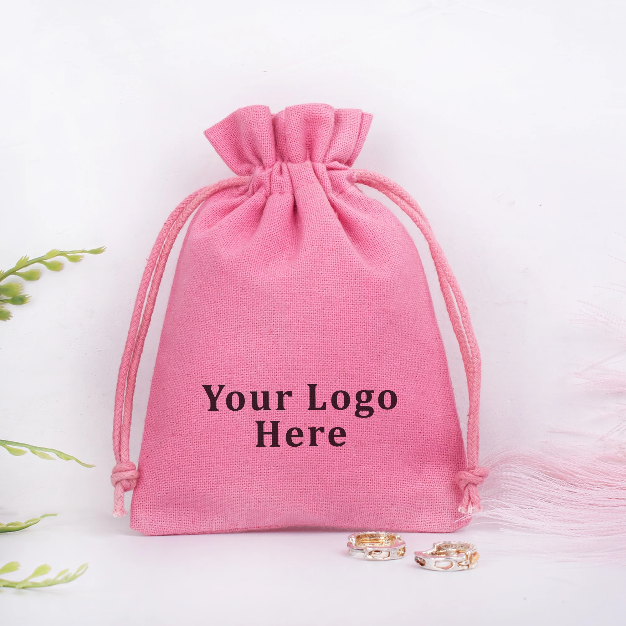 Customize Logo Handmade Light Pink Cotton Jewelry Organizer Pouch Indian Drawstring Wedding Favor Small Gift Bag Wholesale