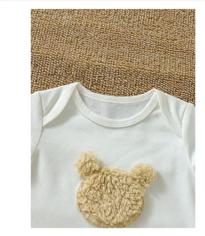 Newborn Baby Girl Bear Patched Teddy Vest Jacket & Footed Jumpsuit & Hat & Baby Jumpsuit