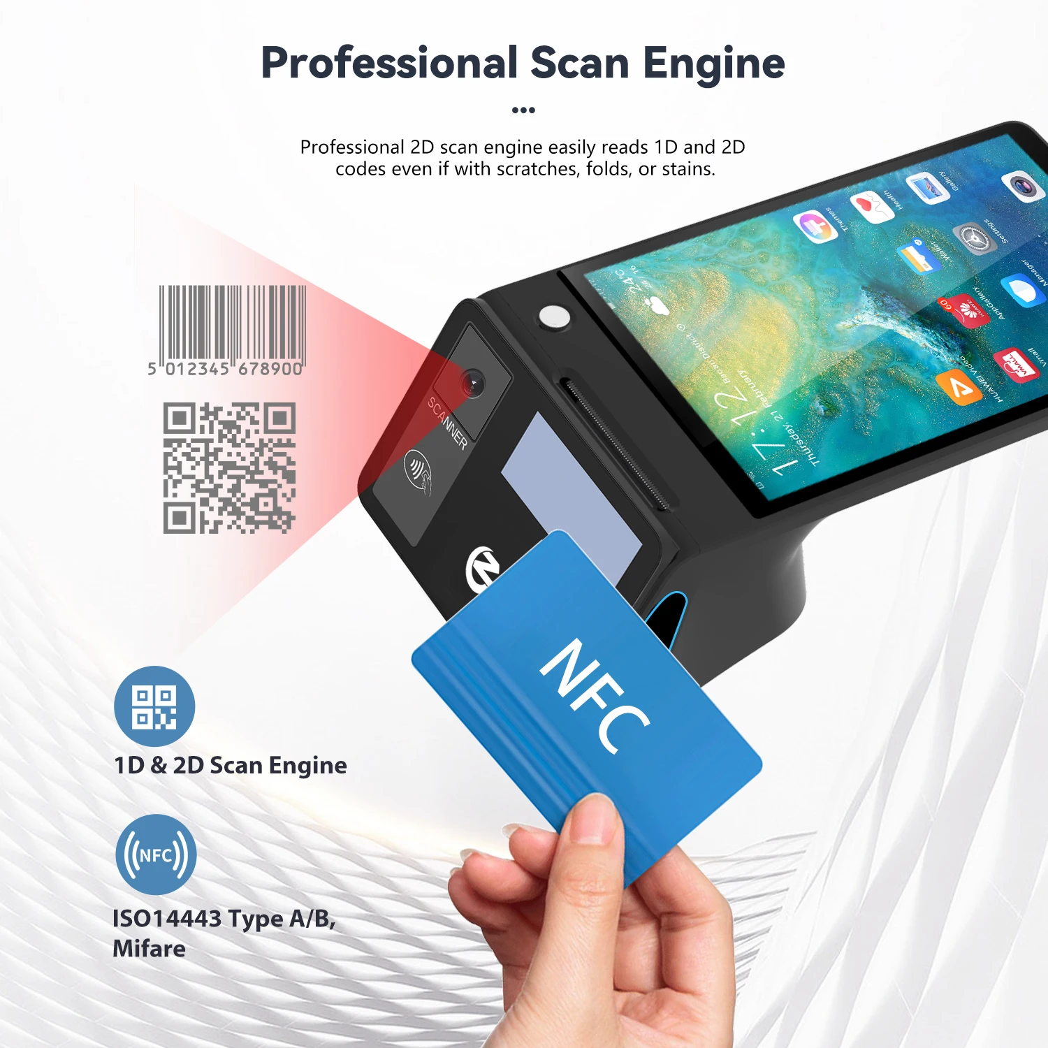Z108 портативный Android POS терминал с 8-дюймовым двойным экраном NFC Reader и четырехъядерным процессором