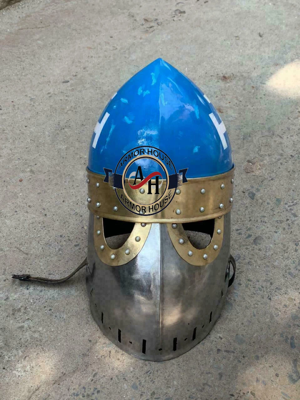 Medieval Sugarloaf  Helmet Armor 18 Gauge Steel Helmet Silver & Blue Polish with Halloween Costume Leather Liner Steel Helmet