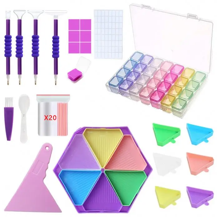 Large Capacity DIY Hexagonal Diamond Painting Tray With Spoon Brush Pen Corrector Glue Wax Storage Box