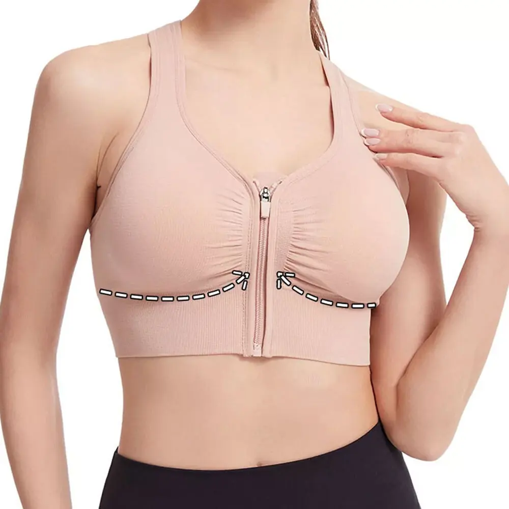 High Support Zip Front Sports Bra Ladies Front Zipper Yoga Bra Top Nylon Spandex Breathable Fitness Bra Solid Pattern Adult Size