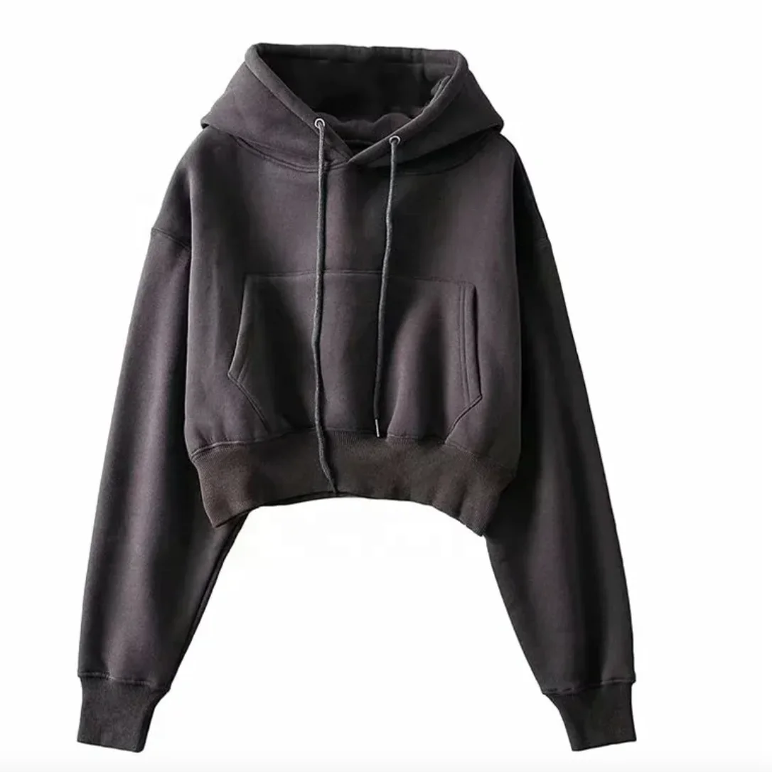 Hot Sale Fringe Detail Crop Drawstring Hoodie Long Sleeve Women Sweatshirts Crop Tops Sweat Shirts Pull Over Hoodies