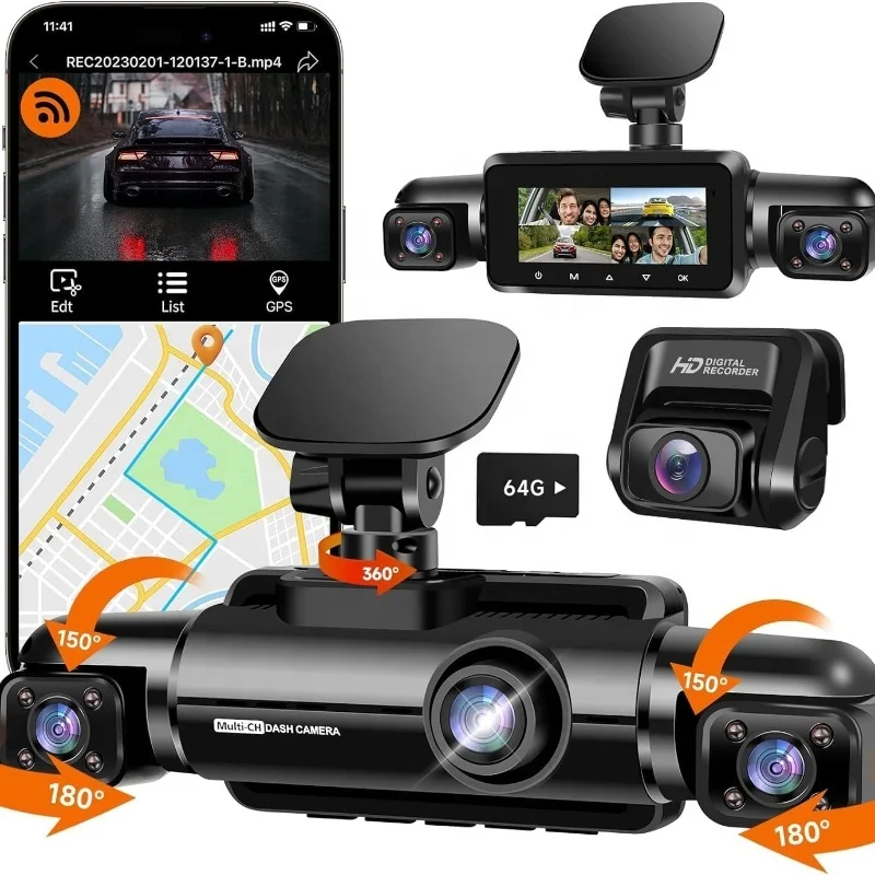4-Channel FHD 1080P Wi-Fi GPS Car Camera with 360-Degree Dash Cam Front Rear Views OLED screen 24H Parking Mode Voice Control