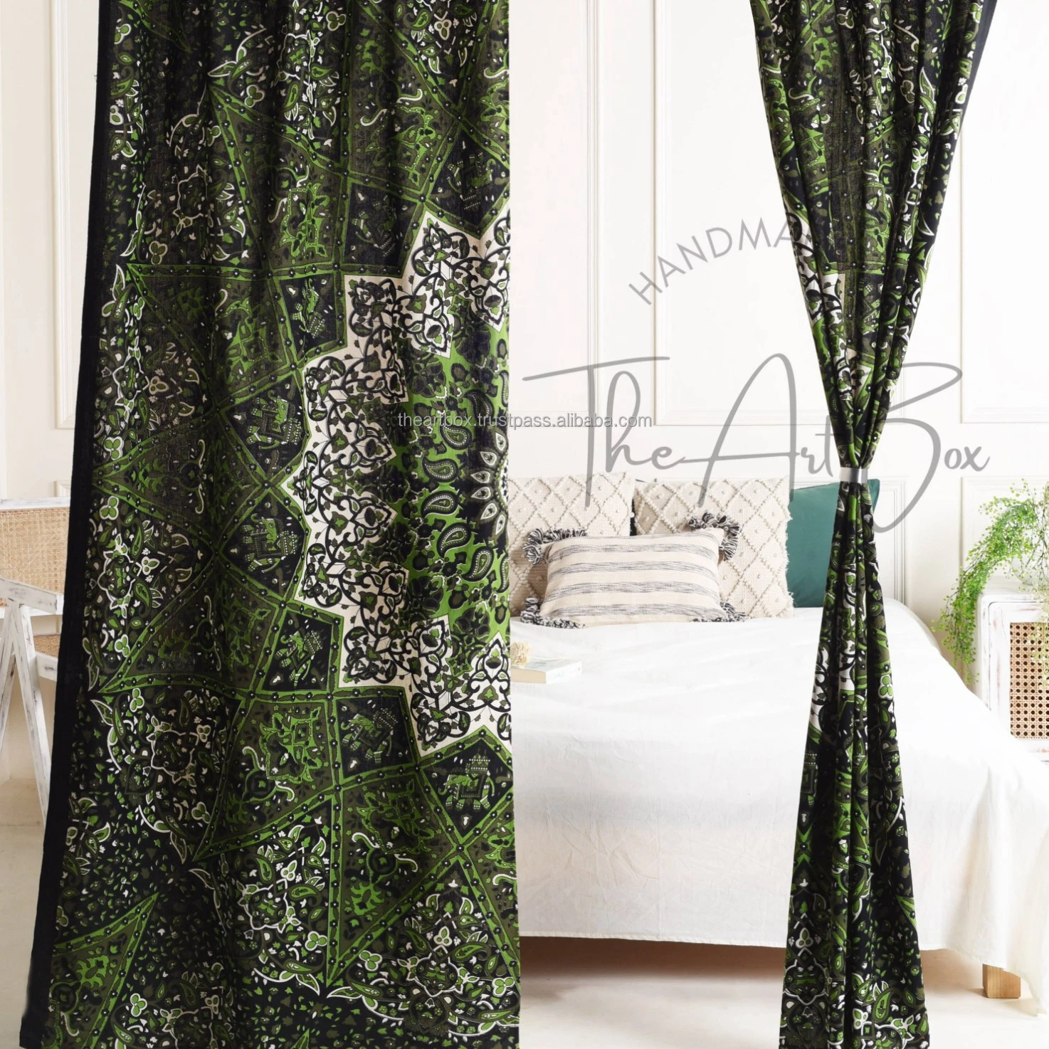 Dark Green Star Pattern Mandala Sheer Curtain Wedding Door Decor Living Room Treatment Tapestry Cotton Drapes Window Hanging