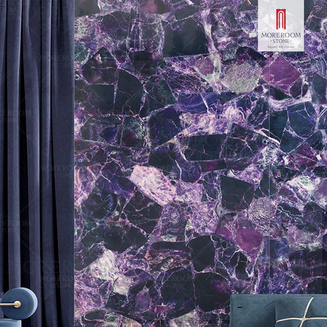 Elegant Purple Quartzite Crystal Fluorite Slab Semi Precious Quartz Slab For Wall Tile