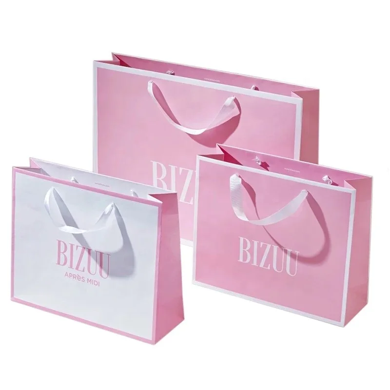 Printed Pink Elegant Brand Logo Luxury Boutique Shopping Paper Bag Custom Logo White Paper Gift Bags With Ribbon Handles