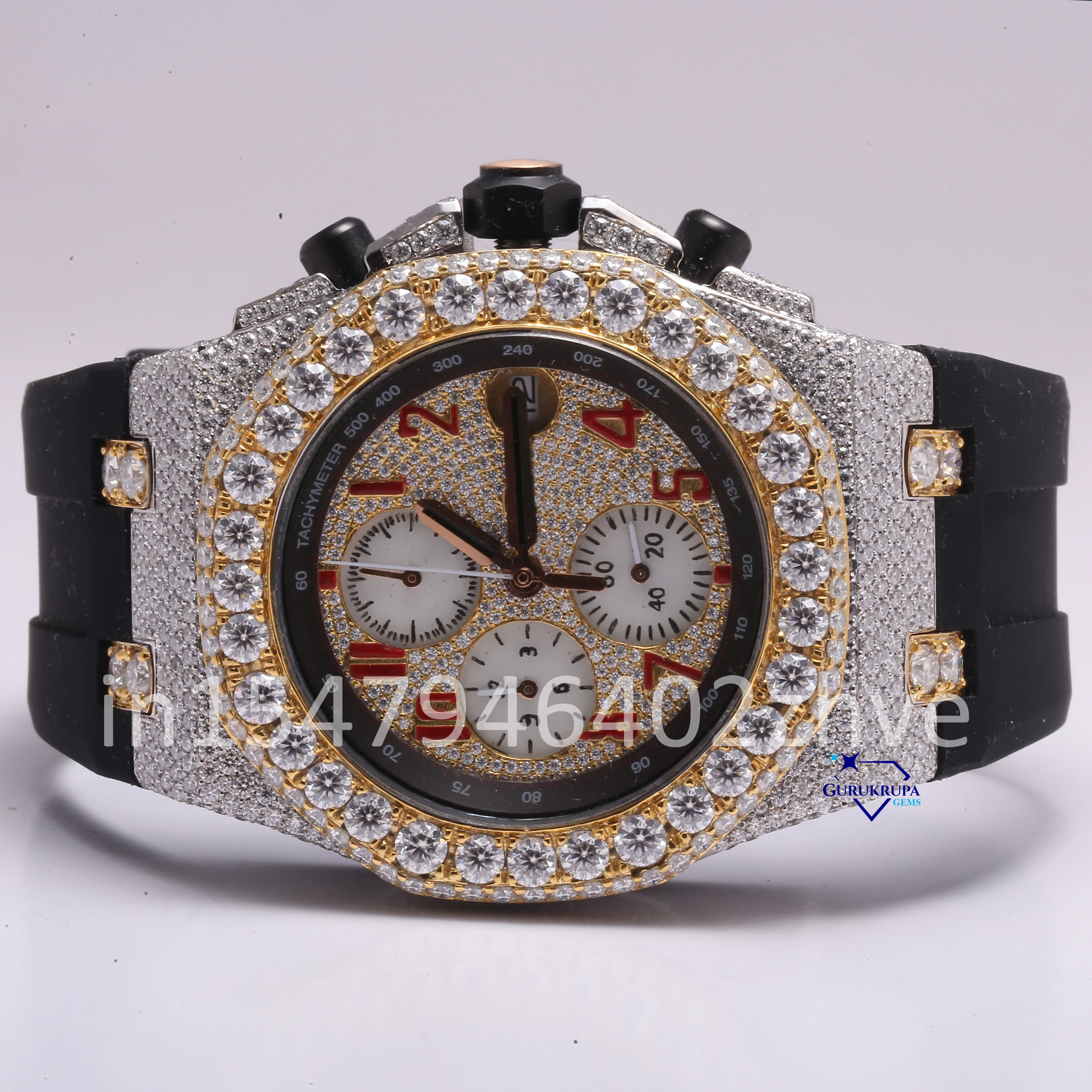 Customized mens luxury hip hop watch half iced out in moissanite diamonds with vvs clarity style in black rubber belt