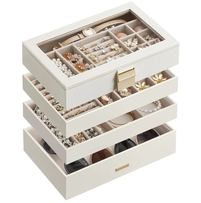 4-Tier Drawer Jewelry Trays Stackable Organizer with Glass Lid, Removable Dividers, for Vanity Table