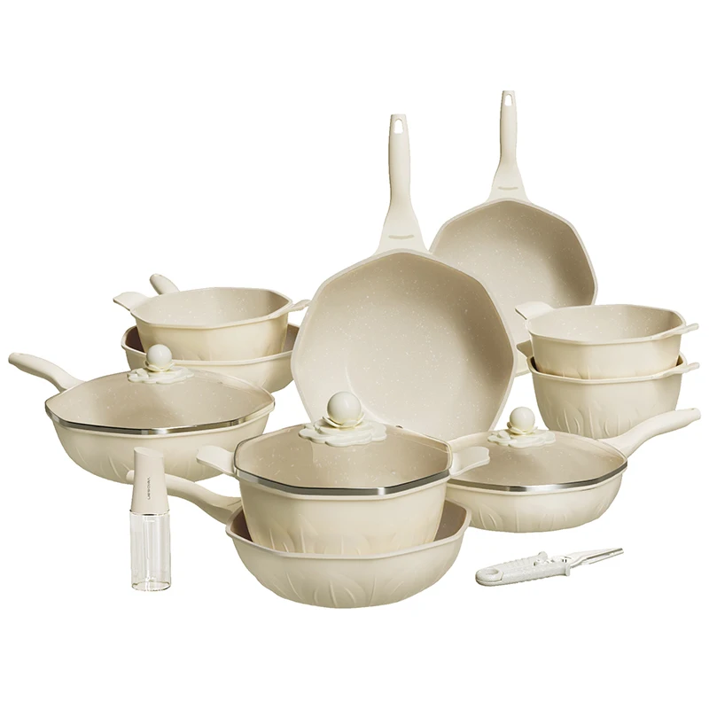 Velosan camellia series 3pcs aluminum granite non stick wok ceramic coating stockpot fry pan hexclad cookware sets