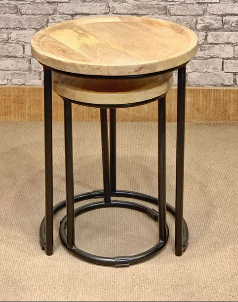 Wooden Top Metal Side Table Set Of Two Creative Stylish Fancy Table Customized Shape And Size Decorative Metal Side Table