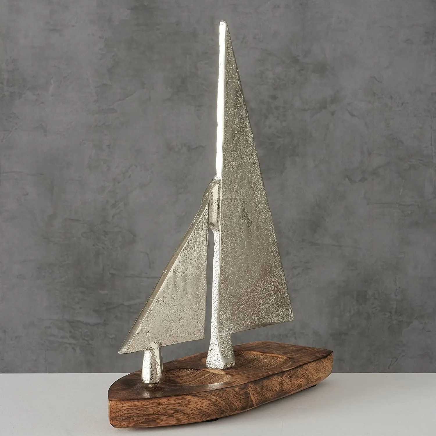 Silver Spinnaker Sail Boat Sculpture Polished Aluminum Handmade Tabletop Boat Shape Accent With Wooden Base For Office and Home