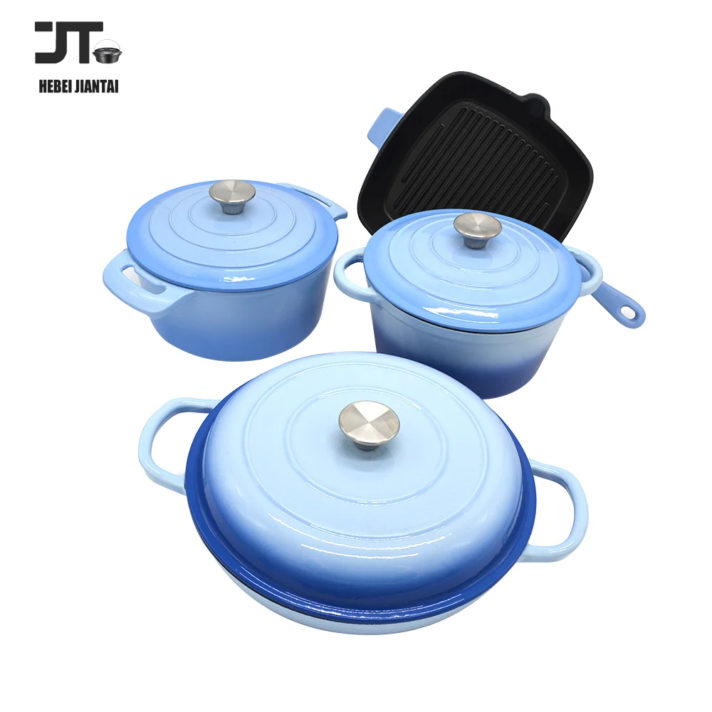 Enameled Cast Iron Cookware Set 7PCS Cast Iron Kitchenware with Round and Oval Dutch Oven Skillet Frying Pan and Baking Pan Red