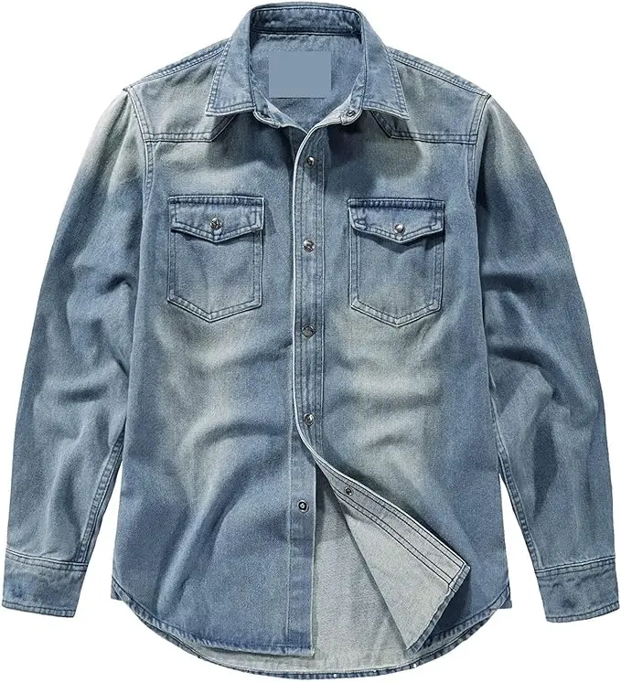 Mens custom oversized fit washed black clothing denim shirts with pocket Snape Button Custom Design denim shirt