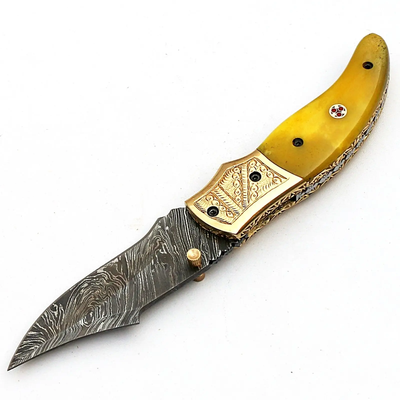 Custom Handmade Damascus Folding Knife Yellow Camel Bone Handle Pocket Knife Leather Sheath OEM Support Blade Material Steel