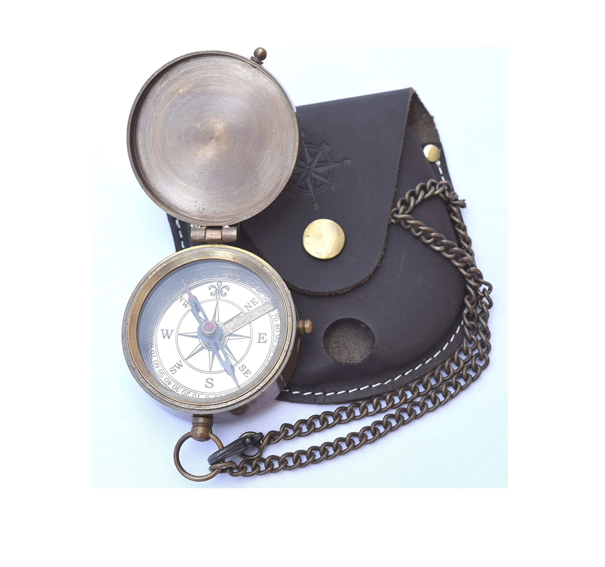 Hot Seller Antique Brass Sundial Compass with Leather Case and Chain - Push Open Compass
