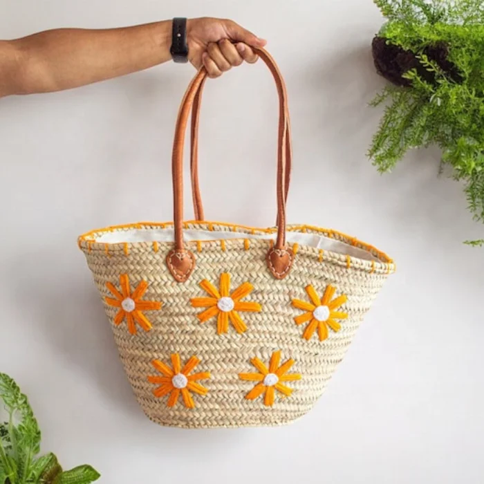 Straw Beach Bag, Women Casual Handbag with Leather Handles Flowers Design Colorful Embroidery Flowers Design Handmade in Morocco
