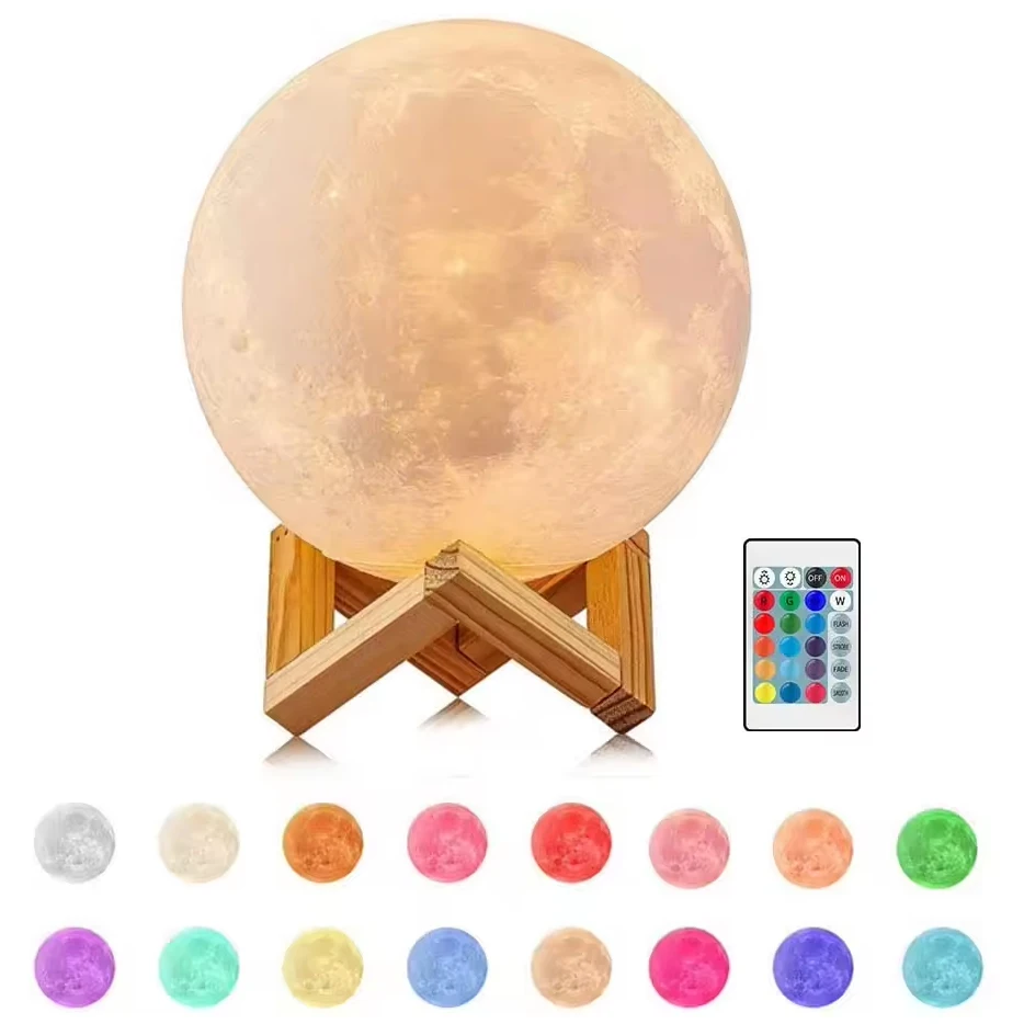 15cm Decoration PVC Lunar Gift Rechargeable 16 Colors Touch Change Remote 3D Printing Night Light LED RGB 3D Moon Lamp