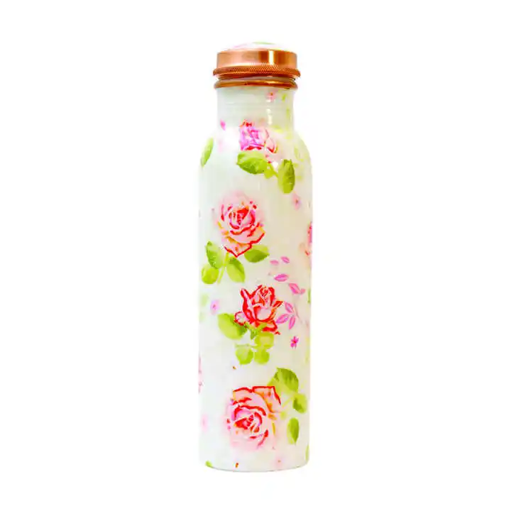 Eco Friendly Flower Printed Water Bottle Top Selling Floral Deign Ayurvedic Copper Water Bottle Trending Factory Supply