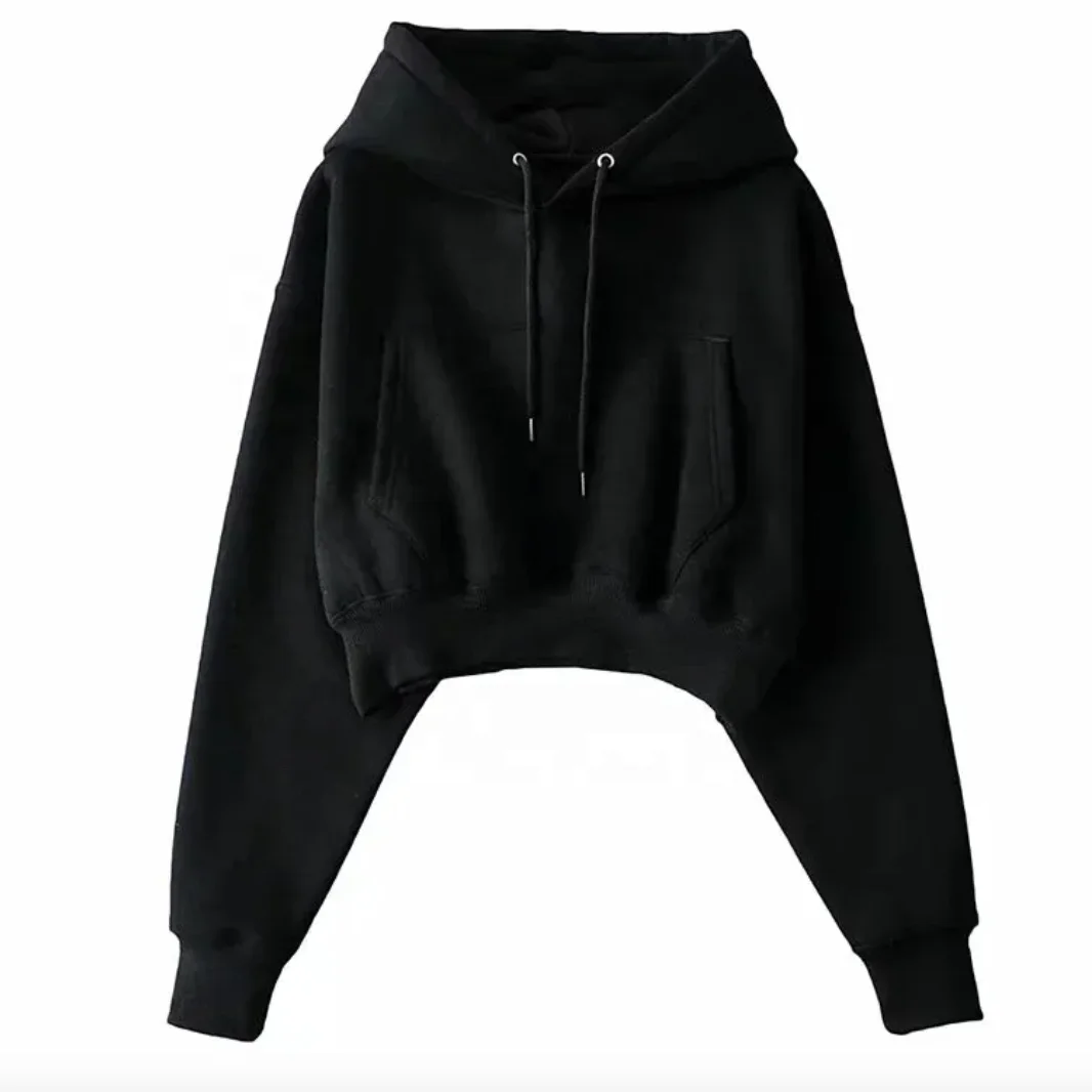 Hot Sale Fringe Detail Crop Drawstring Hoodie Long Sleeve Women Sweatshirts Crop Tops Sweat Shirts Pull Over Hoodies