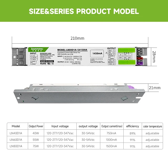 UL certification 40W60W80W 347Vac CCT adjustable Constant Current 0-10V dimmable led driver  DIP switch CCT driver CCT driver