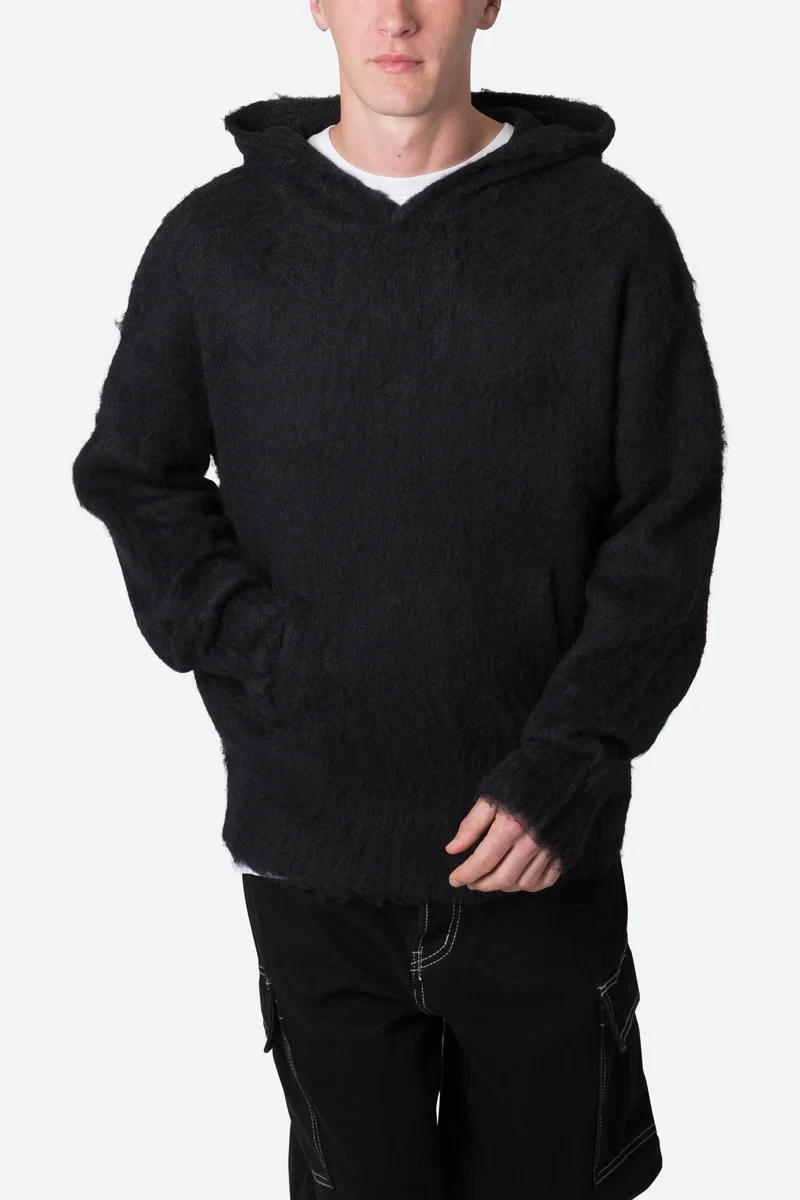 2024 Wholesale Customized Mohair Black Hoodie Unisex Custom Knitwear Winter Knit Hoodie Women Men Mohair