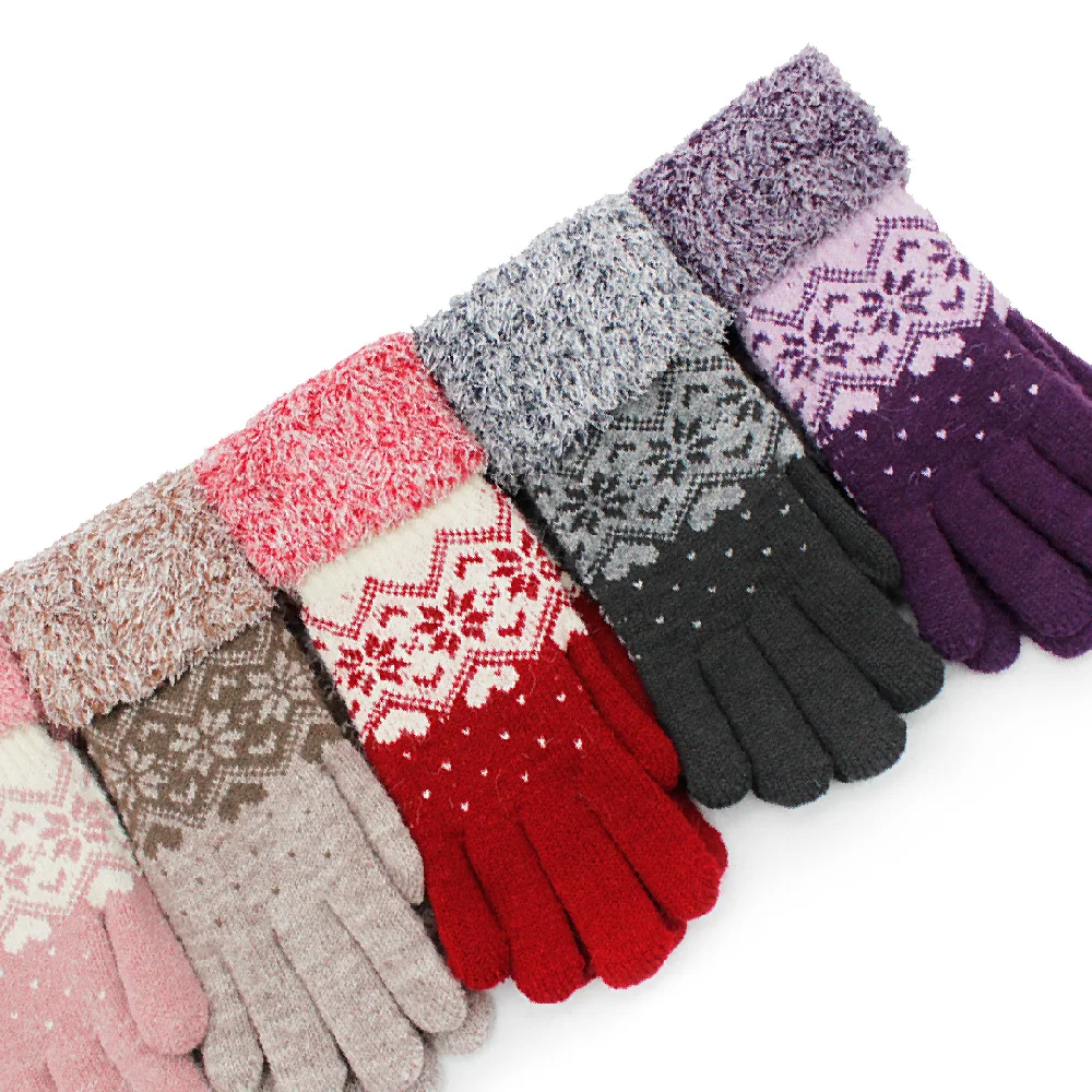 Snowflake Knitted Reverse Folded Cuffs Jacquard Winter Warm Double Layer Gloves