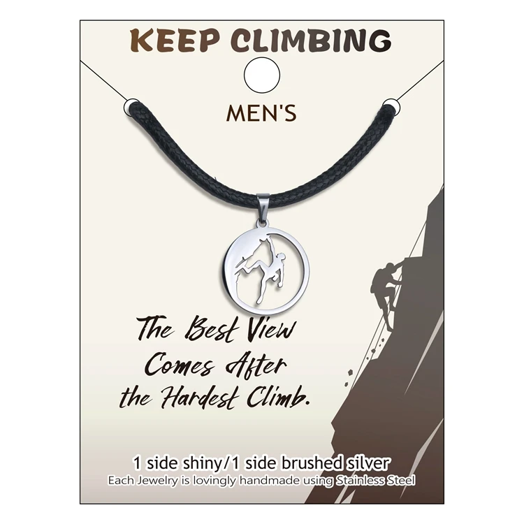 Designed Hollow Round Rock Climber Boy Pendant Climbing Jewelry Necklace Stainless Steel Thick Leather Cord Necklace For Men