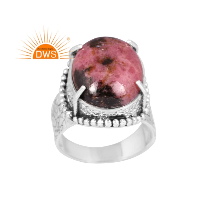 Latest Trending Oxidized Sterling Silver Rhodonite Gemstone Statement Ring Custom Jewelry Manufacturer