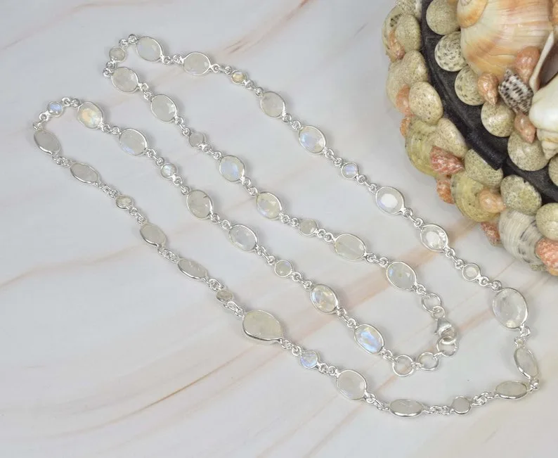 White Rainbow Moonstone 925 Sterling Silver June Stone Chain Necklace Convertible Bracelet Handmade Jewelry Gift For Christmas