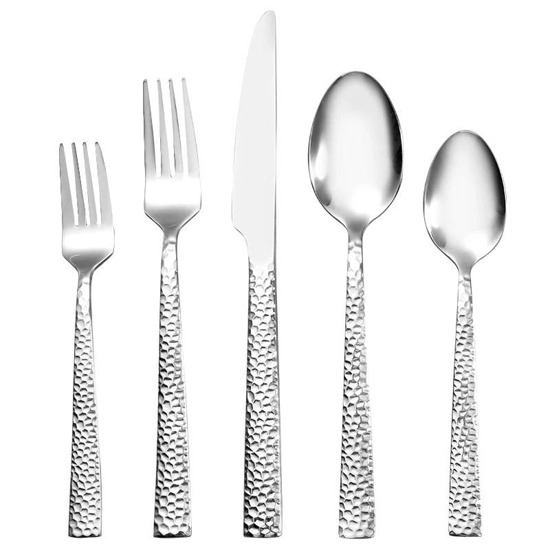 Trending Product Wholesale Mirror Polish Hammered Design Stainless Steel Spoon And Fork Flatware Set Silverware Cutlery