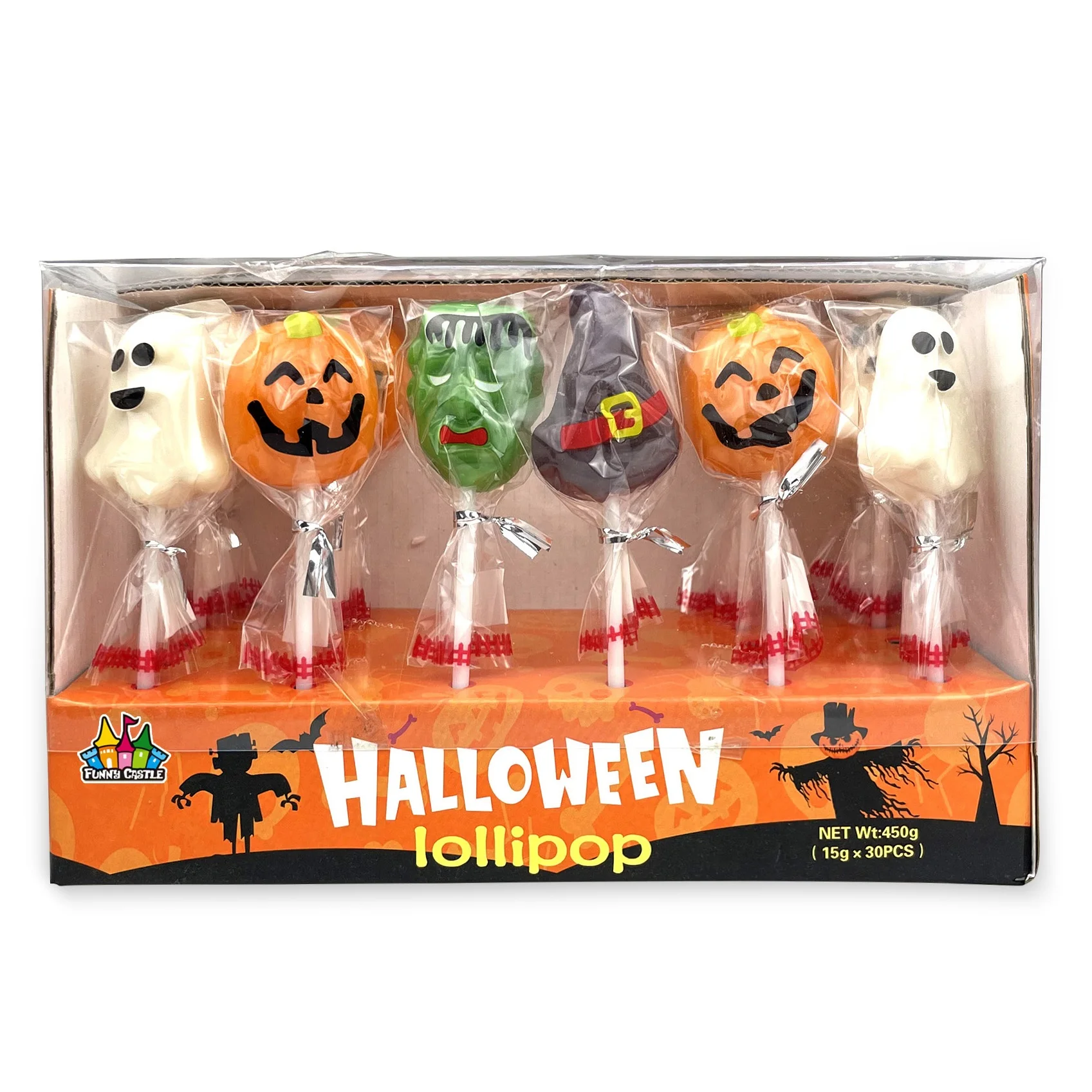HALAL Candy Halloween 15 Gram Lollipop Pumpkin Shape Sweet Lollipop Candy Hard Candies Assorted Candy Sticks