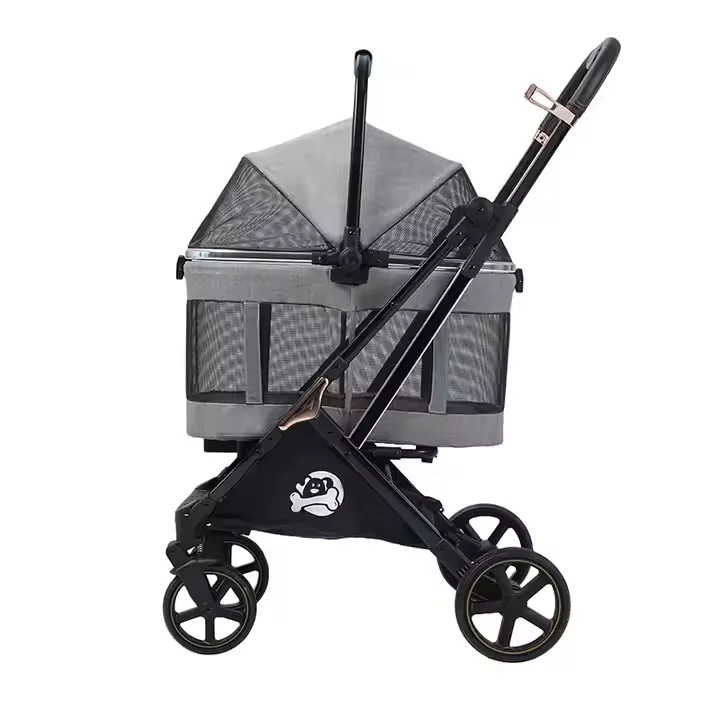 Wholesale Luxury 4 Wheel Folding Pet Stroller Easy-to-Assemble Dog Trolley with Comfortable Aluminum and Oxford Material