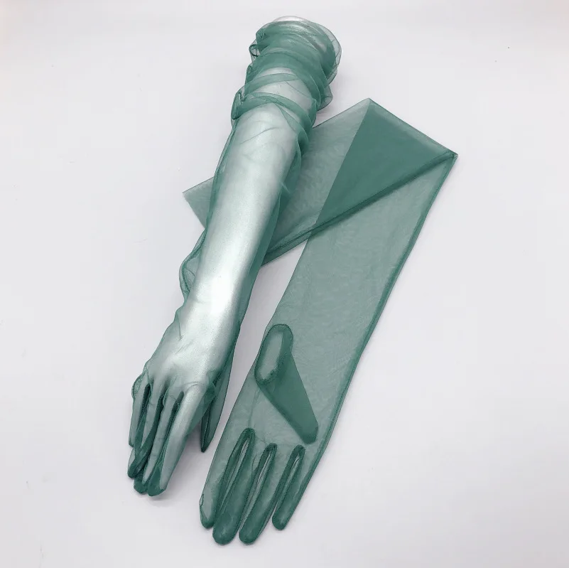 2023 Long Sheer Tulle Gloves Bridal Wedding Gloves Fashion Solid Color Transparent Thin Bridal See Through Long Gloves