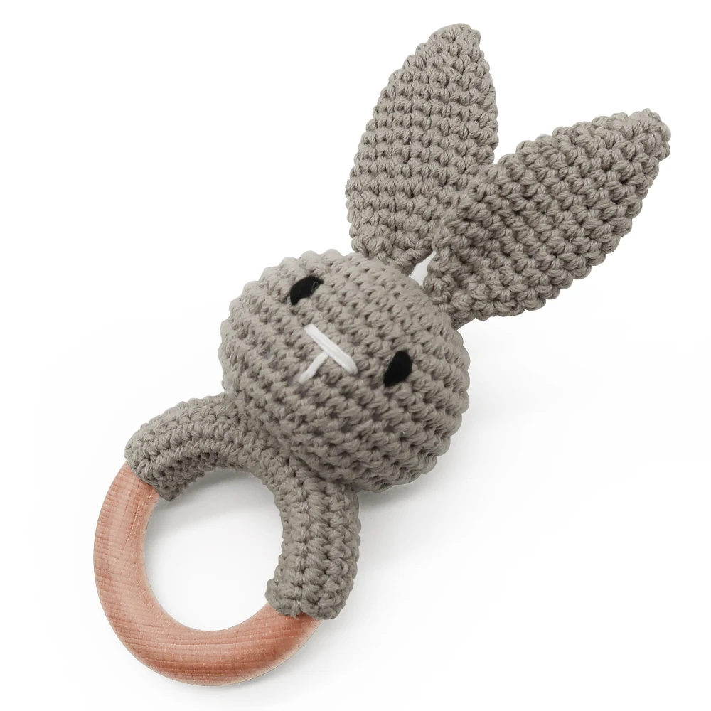 New Design Animals Cute Super Soft Knitted Rabbit Panda Reindeer baby wooden rattle teether baby crochet toys