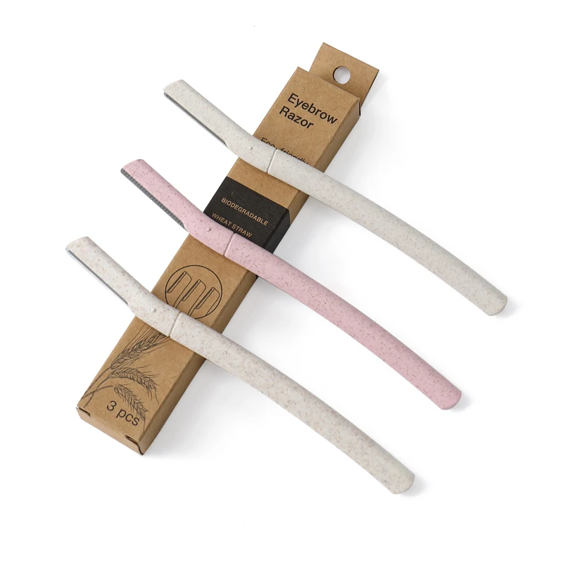 Private label face eco-friendly facial eye brow trimmer shaper for women biodegradable pink wheat straw eyebrow razor set