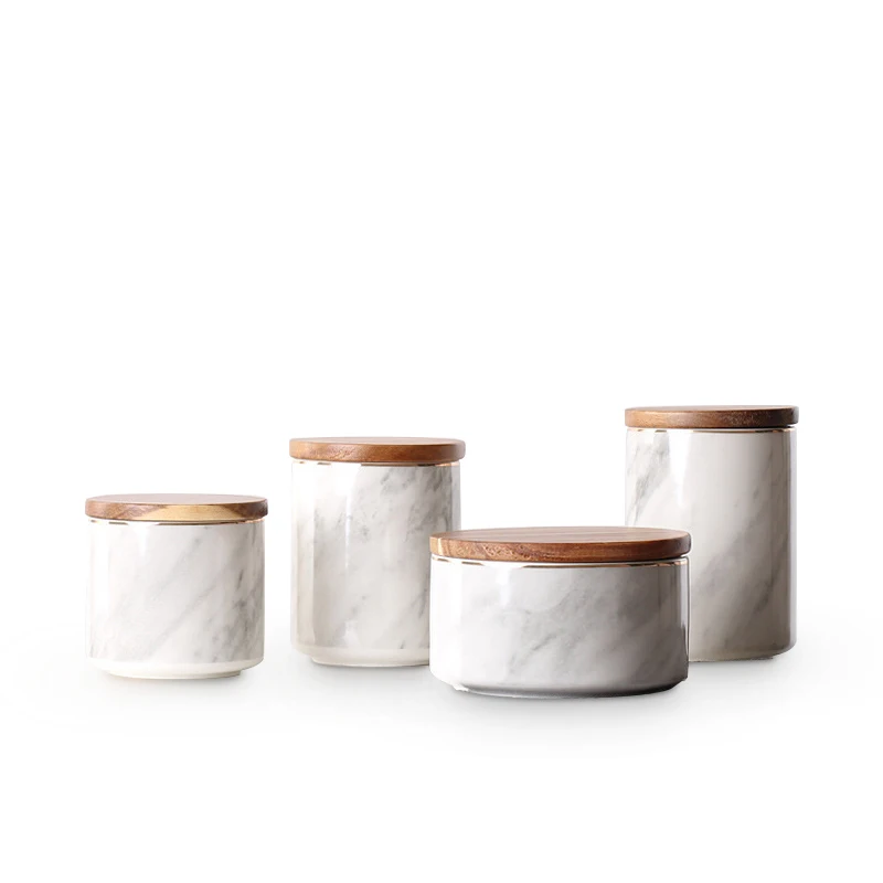 Новый дизайн, четыре размера, керамическая банка для свечей мраморного типа с деревянной крышкой