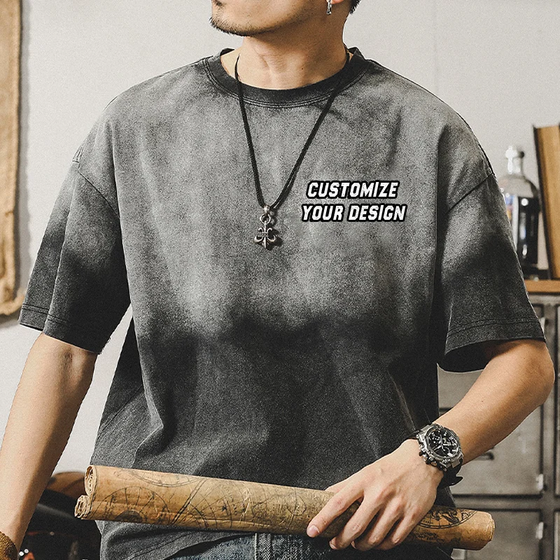 High Quality Cotton Acid Wash T-Shirt Custom LOGO Heavyweight Vintage Retro Style Oversized O-Neck Collar Mineral Wash Look