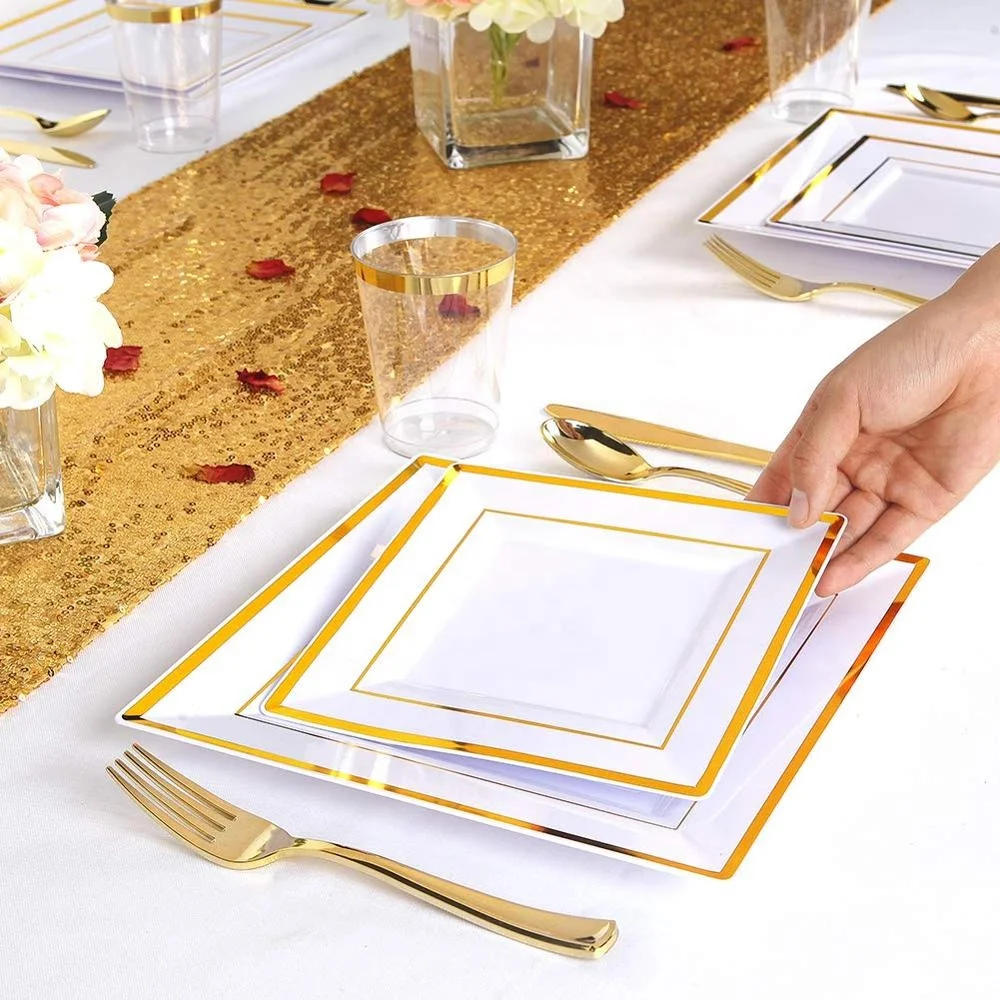 100pcs Gold Rim Premium Disposable Plastic  Square Plate
