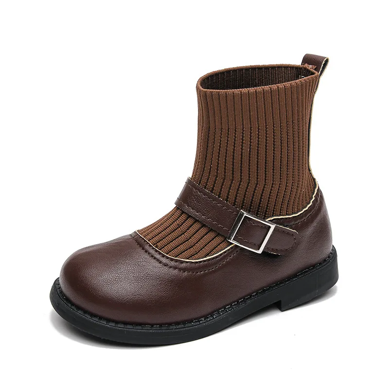 Ботинки для девочек; Сезон осень; Новинка 2020 года; Детские короткие ботинки; Вязаные носки для девочек; Модные ботинки в стиле ретро; Кожаная обувь для учащихся; Зимние ботильоны
