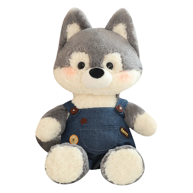 Wholesale Beautiful Soft Plush Simulation Running fox Wild Animal Doll Toy Custom Stuffed Forest Animal Wolf with Jean Rompers