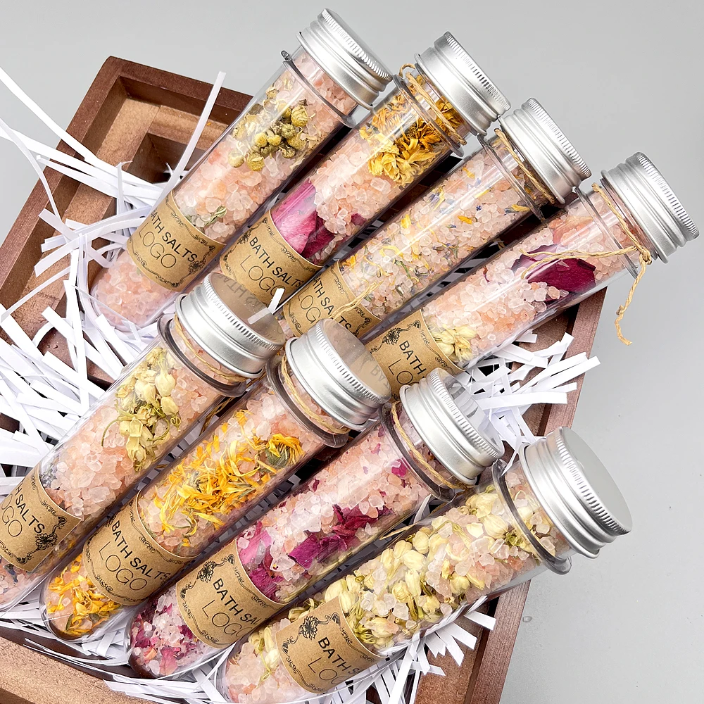 Handcrafted PET/Glass Test Tube Set Natural Himalayan Pink Epsom Bath Salts Rose Scent Body Relaxation Option Mineral Ingredient