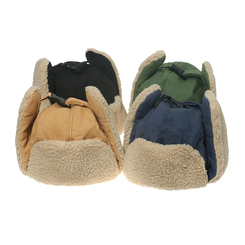 Outdoor Cycling Beanie Turbano Warm Solid Caps Thermal Aviator Bomber Ear Protector Lamb Hair Aviator Hat Winter Hat with Fur