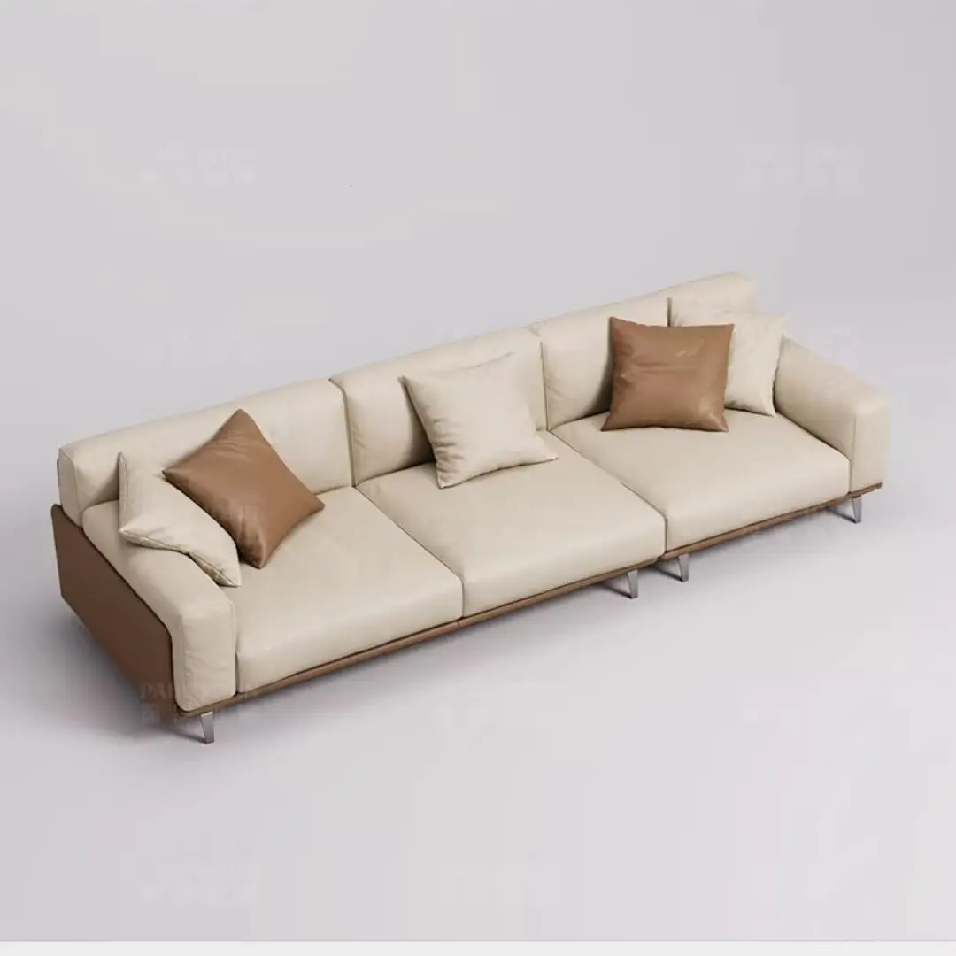 Modern simple straight row full leather sofa villa flat floor living room Italian light luxury down leather sofa