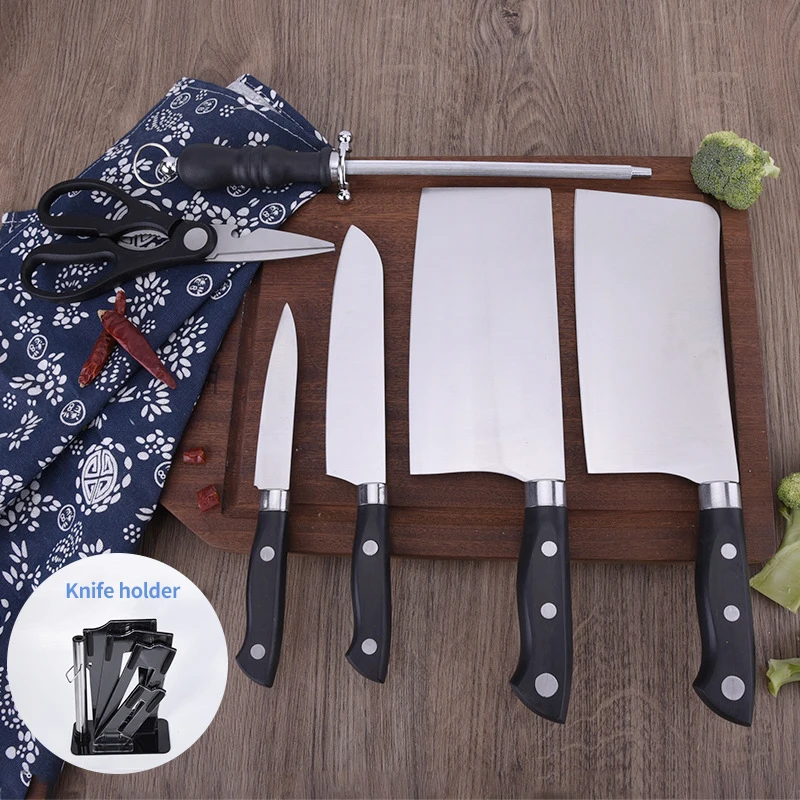 Wholesales 7 piece kitchen knives set cooking accessories black ABS handle Cleaver Knife with sharpener acrylic block