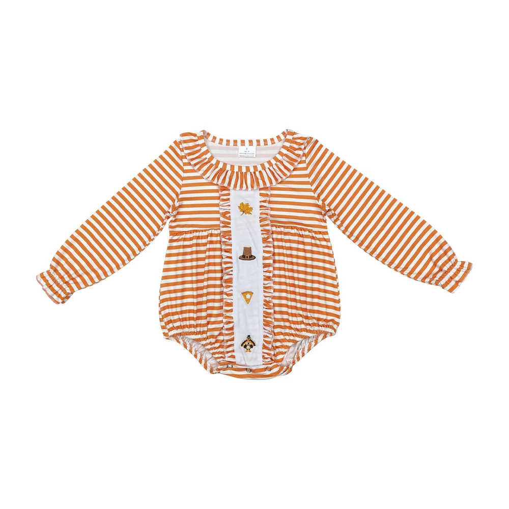 Thanksgiving clothe romper orange stripe long sleeves embroidery pumpkin pie turkey wholesale baby girl Thanksgiving romper suit