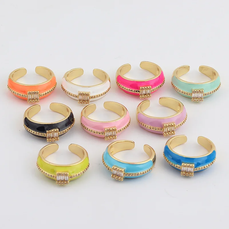 2021 Neon Enamel Shiny Zircon Opening Metal Adjustable Ring For Women Gold Plated Chunky Rings Engagement Wedding Jewelry