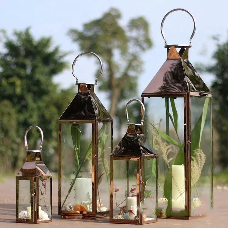 Candle Holder Copper Lamps Lantern Set Events Home Decoration for Wedding Rose Gold Pink Metal Stainless Steel Rectangle 1 Color